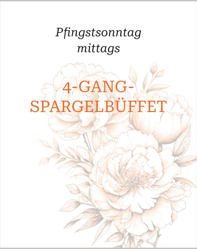 Aktuelles Bild mit Pfingstrose und der Info, dass es am Pfingssonntag mittags ein Spargelbüffet