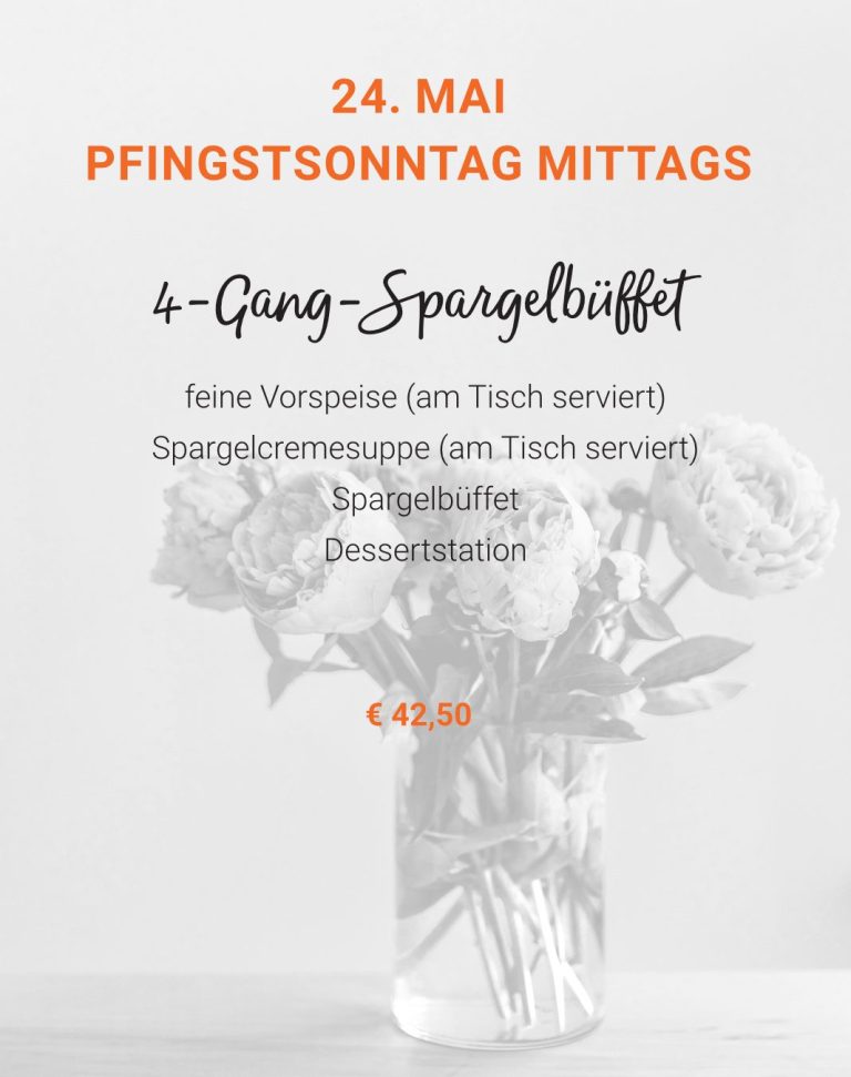 Aktuelles Bild mit Pfingstrose und der Info, dass es am Pfingssonntag mittags ein Spargelbüffet
